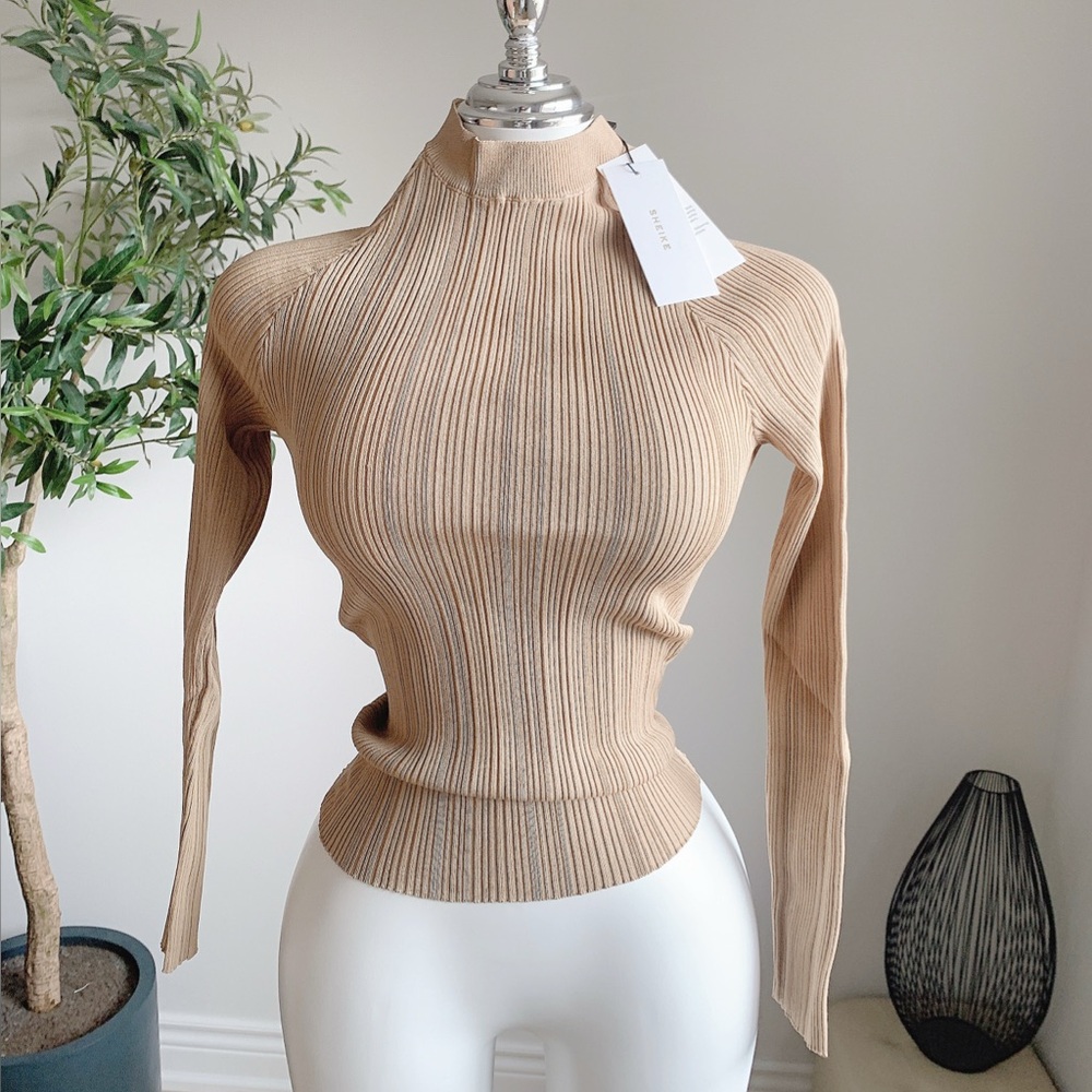 SHEIKE Ribbed Knit Turtleneck Top Latte Beige S NWT